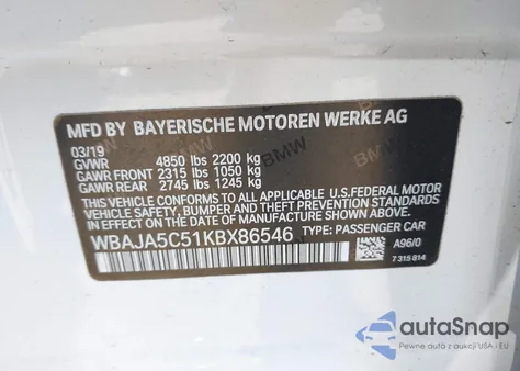 2019 BMW 5 Series 530I из США, поврежденный, VIN WBAJA5C51KBX86546